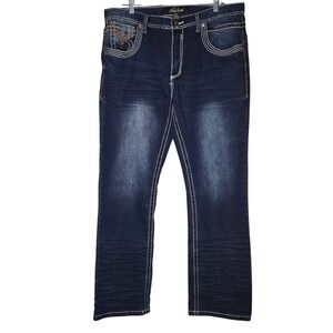True Luck Livingston Jeans Mens 36 x 32 Bootcut Dark Wash Whiskering Stiching
